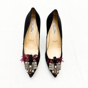 Oscar De La Renta Black Patform Adorned Feather Embellished Heel Size 40.5